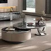 Rock Slab Round Coffee Table Set,Black Modern Round Table 2 Piece Set,Folding Small Tea Table,Coffee Table Luxury Stone Countertop,Multifunctional Telescopic Design,Suitable for living room