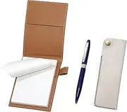 LS022PM-NK01W-TK23-L Recycled Cowhide Mini Notebook Cover Mocha with Horizontal Hook Pen Case White Lasting Piece Metal Rotating Ballpoint Pen Set Blue