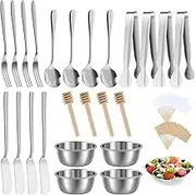 34Pcs Cheese Cutter Set Stainless Steel Cheese Spreader Set with Mini Serving Tongs Spoons Forks Butter Spatulas Dipping Bowls Honey Sticks and Flags Butter Spreader Set for Home Kitchen Party