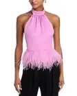 Ramy Brook Faux Feather Trim Halter Top Women's S Pink Rose Tie Hook & Eye Back
