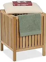Relaxdays Laundry Hamper with Seat, Bathroom Stool with Storage, 30L, HWD: 51x38x38 cm, Wood & Fabric, Natural/White, Polyester, Cotton