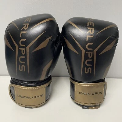 Liberlupus Boxing Gloves Adult Unisex MMA Training Kickboxing Gold Black 10 OZ