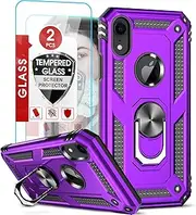 LeYi Compatible for iPhone XR Phone Case with Kickstand and [2PCS] Tempered Glass Screen Protector for Women, [Military-Grade] Protective Case with Ring Kickstand for Apple iPhone XR 10 10 XR, Purple