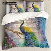 v952 Bed Sheets Peacock Duvet Cover Set Rainbow Feather Bedding Set For Bedroom Decor Hippie Tie Dye Polyester Comforter Cover Double Queen Size 3-Pie