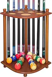 TORPSPORTS Pool Cue Rack Billiard Stick Holder Solid Wood Billiard Cue Rack Holds 8 Pool Cue Sticks,Corner Floor Stand Billiards Cue Rack Pool Accessories for Home,Game Room,Club (Walnut)