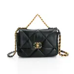 【CHANEL 香奈兒】19 FLAP BAG 經典WOC三色皮穿鍊帶 雙C LOGO翻蓋側背包(黑/金/銀)