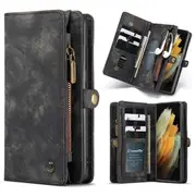 CaseMe For Samsung Galaxy S21 Ultra Zipper & Detachable Retro Leather Pouch Wallet Flip Purse Bag Detachable Phone Case Cover (Black)