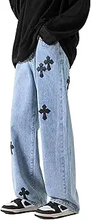 [YADMISU] Men's Baggy Hip-hop Cross Patchwork Jeans Loose Fit Wide Leg Straight Denim Pants Streetwear