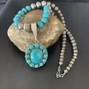 Blue Turquoise Cluster Pendant Navajo Pearls Sterling Silver Necklace 11884