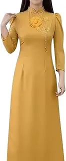 [HOADINH5953] Vietnamese Traditional Ao Dai, High Collar, 4 Sides, 2 Front, 2 Back. Floral Applique Pattern. Ao Dai and Pants