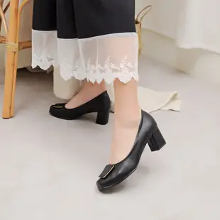 山打努SANDARU-高跟鞋 優雅方釦真皮軟墊方頭粗跟鞋