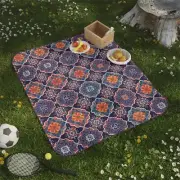 Boho Ethnic Tile Pattern 61" x 51" Polyester Fleece Picnic Blanket + Strap
