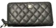 Auth. Chanel Black Caviar Classic Long Zipped Around Wallet Clutch Gold Hardware