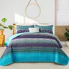 Boho Quilt Full Size, Purple Blue Bohemian Lightweight Microfiber Bed Decor Beds