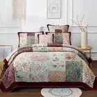 DaDa Bedding Bohemian Patchwork Bedspread - Burgundy Wine Velvety Trim Floral...
