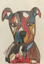 Original painting 5x7" colorful outlined DOG canvas panel by Lynne Kohler