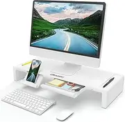 Monitor Stand Riser, Foldable Computer Monitor Riser, Adjustable Length Computer Stand and Storage Drawer & Pen Slot, Phone Stand Compatible Computer, Desktop, Laptop, Save Space (White)