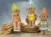 Ceramic Bisque~ Ready to Paint ~ (3) Girl Beach Gnomes with Driftwood Log