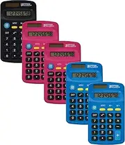 Pocket Size Mini Calculators, 5 Pack, Handheld Angled 8-Digit Display, by Better Office Products, Standard Function, Assorted Colors (Blue, Black, Pink), Dual Power with Included AA Battery Power