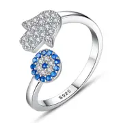 ANYCO Ring Dainty Blue Eye Rhodium CZ 5A Micro Pave Hamsa Hand Adjustable Rings For Women