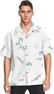 [GuoChe] Hawaiian Men Short Sleeve Button Down Shirts Doodle Palm Tropical Beach Sun Dating Camisa de Playa para Hombre