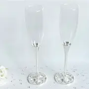 Set 2 Silver Champagne Glass Flutes & Sparkling Crystal Diamante Hearts Base