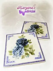 Blue Roses Ivory Set of 2 Coasters Navy Wedding Favors Royal Blue Ceramic Gift