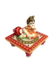Multicolour, Marble Laddu Gopal Idol, 10.16cm, 1 Bal Krishna Idol With Chowki KU