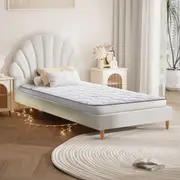 Oikiture Bed Frame Single Size Scallop-Shape Bedhead White Boucle with Mattress