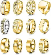 [EIELO] 12Pcs Rings for Men Stainless Steel Band Rings Square Signet Rings Pinky Thumb Ring Silver Chunky Thick Dome Band Cuban Link Chain Ring Simple Cool Wedding Finger Ring 7-14