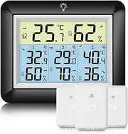 Urageuxy Wireless Indoor Outdoor Thermometer & Humidity Monitor with 3 Sensors - Digital Hygrometer, 100M Range, Backlight, Max/Min Records, Comfort Indicator (Black)