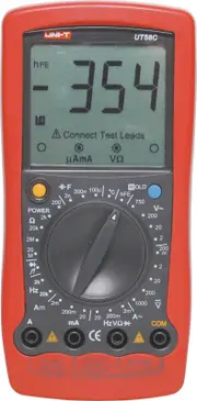 Digital multimeter on screen test lead connection prompts