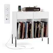 Costway Record Player Stand Double Wide Turntable Stand w/Power Outlets Display Shelf White