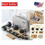 Elegant Portable Ceramic Tea Set Gift - Includes Teapot & Cups in Leather Case