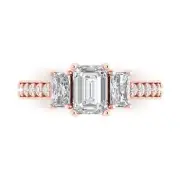 14K Rose Gold 3-Stone Anniversary Ring, 1.88 ct Emerald Cut Simulated Diamond