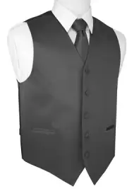 Men's Charcoal Satin Formal Dress Tuxedo Vest, Tie & Hankie Set. Wedding, Prom