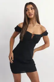 Black Mini Dress Ribbon Detail Eyelet Fabric - Size 16XL, Women's Skater Dress