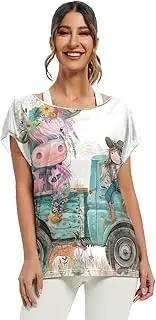 [RPLIFE] Beautiful Pink Blue Highland Cow Summer Blouses Loose Top Women Night Out Tops for Women