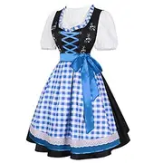 Women's Bavarian Dirndl Costume Dress with Blue Gingham Apron and Satin Bow for Oktoberfest Beer Festival Party