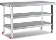 YUGXTH Stainless Steel Work Table with Wheels, Heavy Duty Work and Prep Table, Commercial Food Prep Worktable, Stainless Steel Kitchen Worktop for Home Kitchen Restaurant(3layer,60x40x80cm)