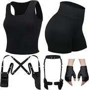 [Jiuguva] 5 Pcs Halloween Thigh Holsters Costume Includes Black Racerback Sleeveless Crop Tank Tops Running Shirt Spandex Shorts for Women Half Finger Driving Gloves Drop Leg Gun Holster Drop Leg Pouch