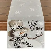 Grey Snowman Snowflake Let it Snow Christmas Table Runner, Seasonal Winter