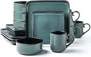 [Arora] FLACKAR Square Stoneware Dinnerware Set for 4, Dinner Plates, Side Plates, Cereal Bowls, Mugs - Reactive Glaze Turquoise (497248), 16 Count (Pack of 1)