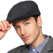Newsboy Cap for Men - Black Herringbone Tweed Wool Blend Cabbie Newsboy Ivy Hat