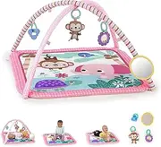Bright Starts Floral Safari Baby Activity Gym Machine Washable Play Mat with 4 Toys, Newborn and up - Pink and Purple, 32x32x18 Inch