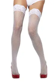 Stay Up White Fishnet Lace Top Thigh High Stockings