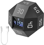 Cube Timer, Productive Kitchen Timer, with 12 Side Time Module Countdown, Gravity Sensor flip Timer, Custom Modes, Rechargeable Rotating Flip Pomodoro Desk (Black)