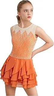 [inhzoy] Kids Girls Sleeveless Ice Skating Dance Dress Shiny Rhinestone Mesh Patchwork Tiered Ruffled Dancewear