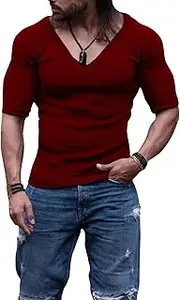 [Maiyifu-GJ] Men's Low Cut Deep V Neck Tee Cool Cotton Fabric Short Sleeve Solid Color Cotton Compression T-Shirt