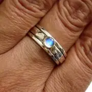 Solid 925 Sterling Silver Moonstone Spinner Ring Handmade Narrow Band For Women